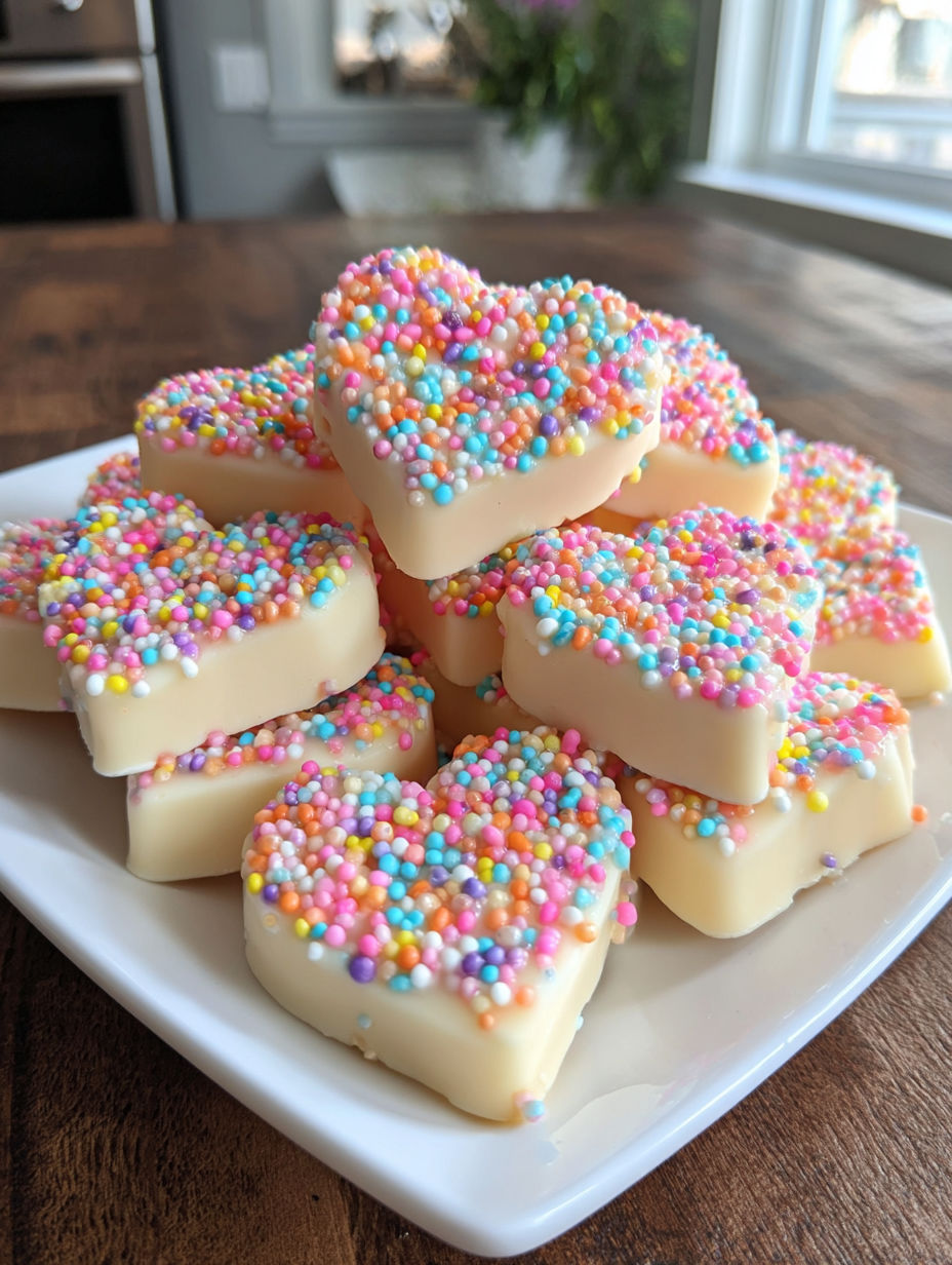 A plate of heart shaped candy with sprinkles.