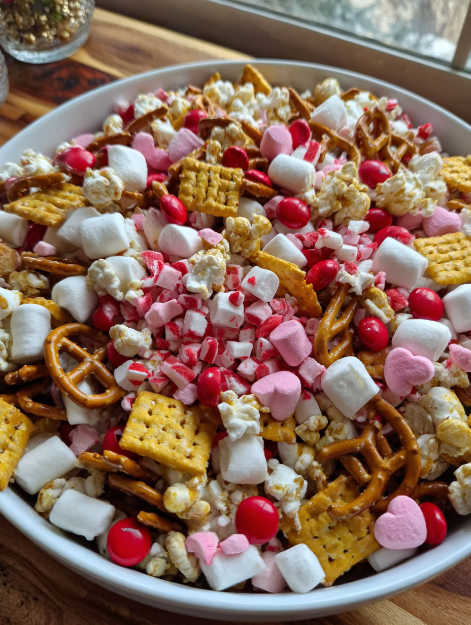 A bowl of popcorn and pretzels with red and white toppings.