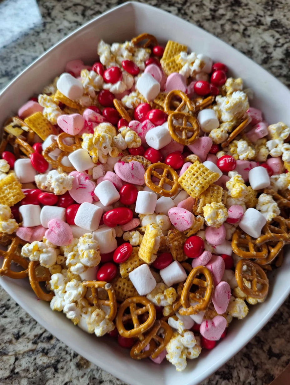 A bowl of popcorn, pretzels, and candy.