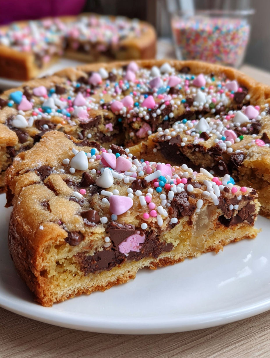 A slice of a cookie cake with chocolate and marshmallows.