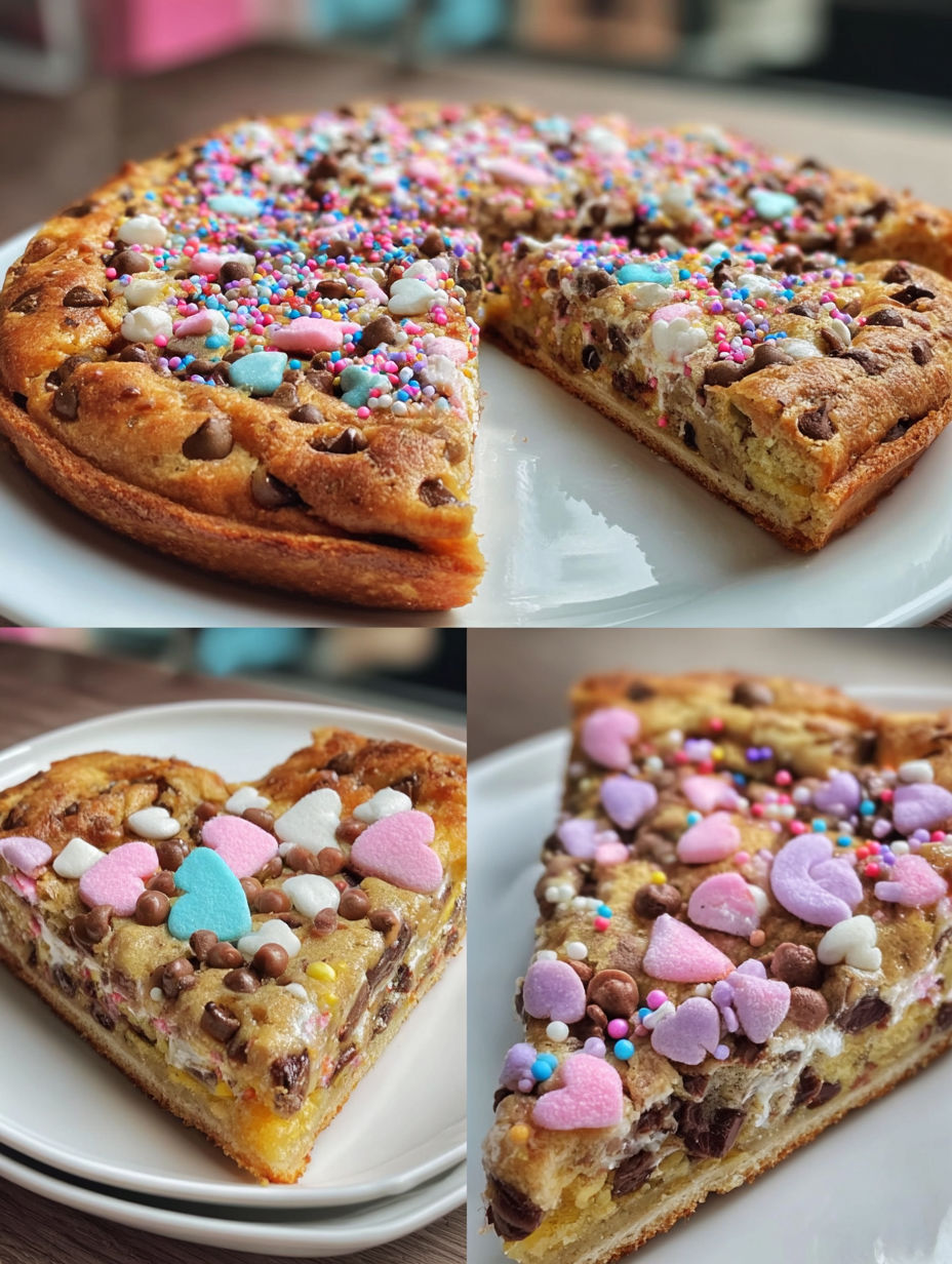A close up of a cookie cake with hearts and chocolate chips.