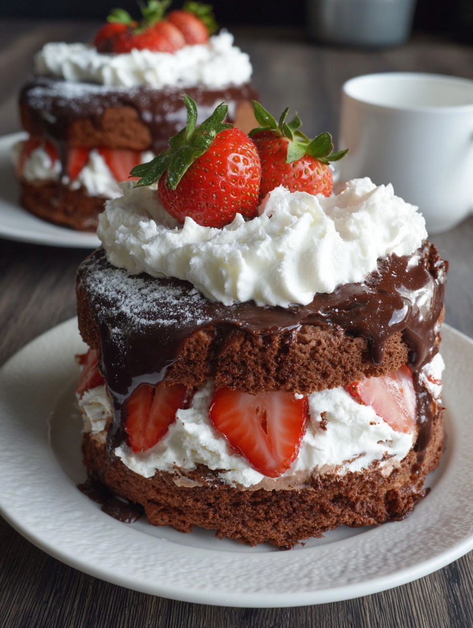 A chocolate cake with white frosting and strawberries on top.
