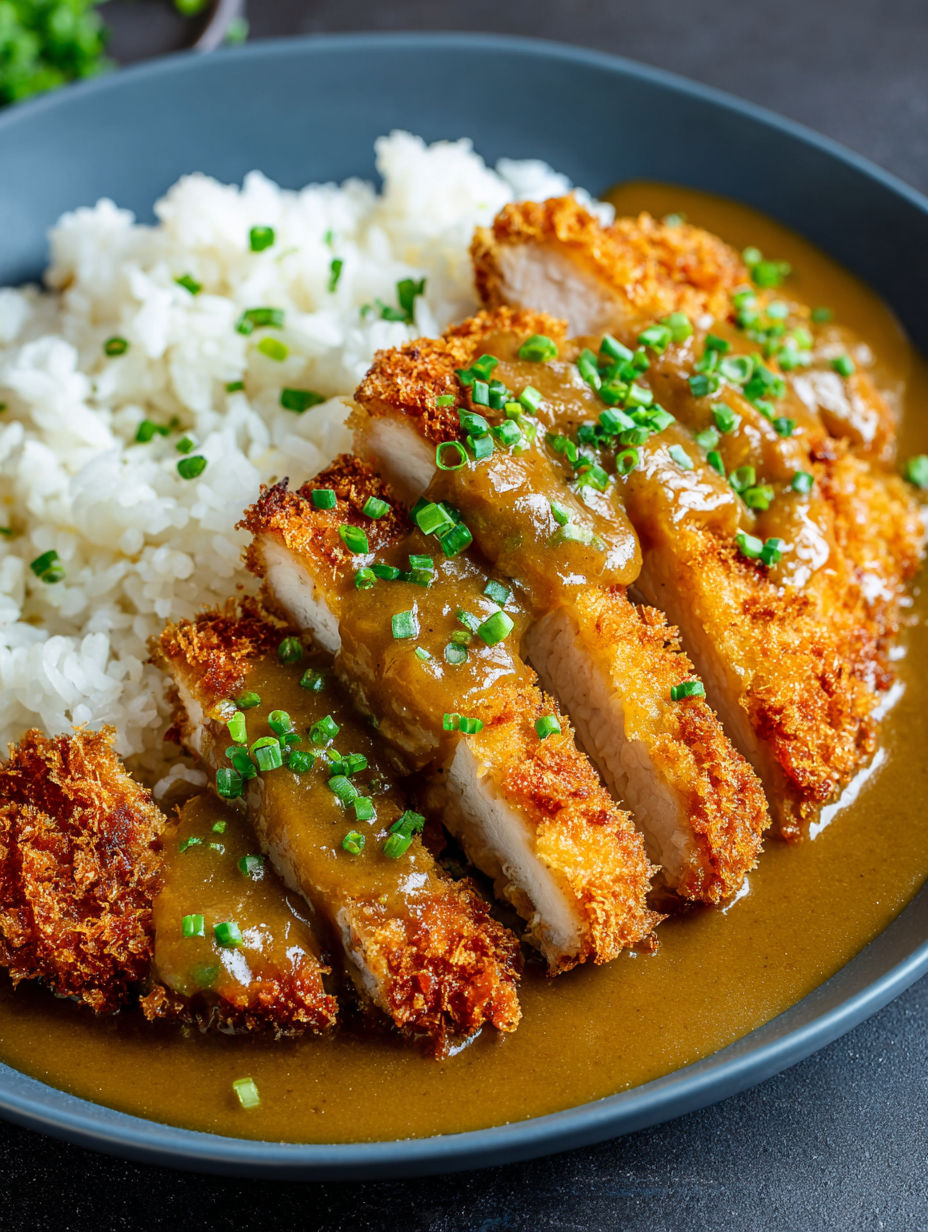 A plate of food with chicken katsu curry.