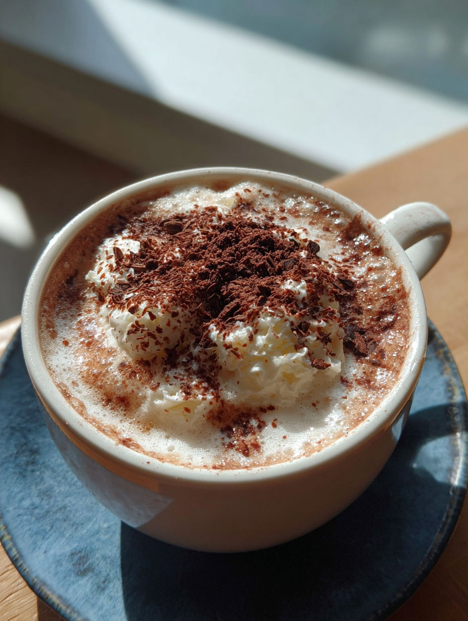 A cup of coffee with whipped cream and chocolate sprinkles.