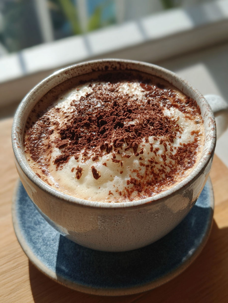 A cup of coffee with chocolate drizzle and whipped cream.