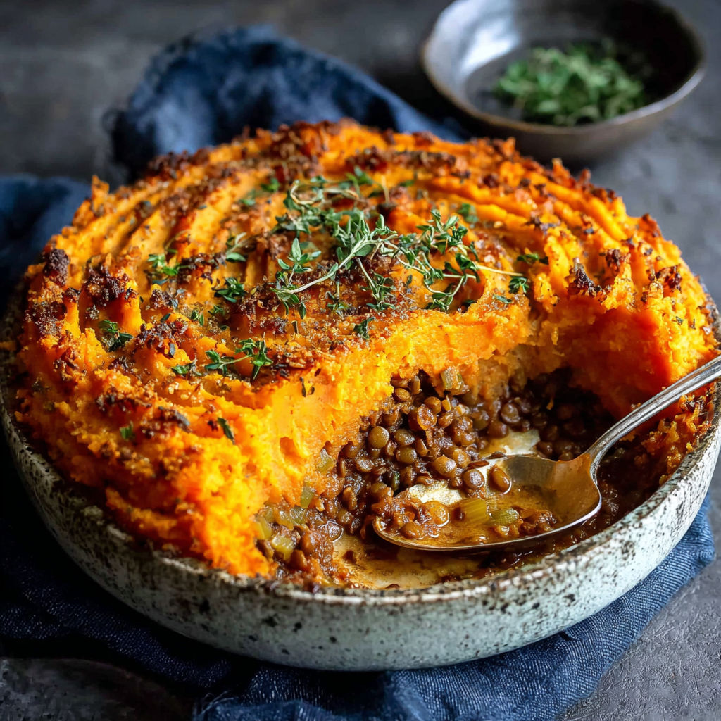 A bowl of sweet potato and lentil shepherd's pie.