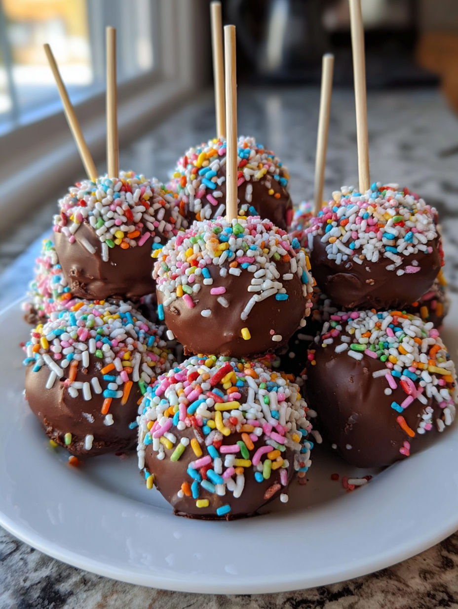 A plate of chocolate cake pops with sprinkles.