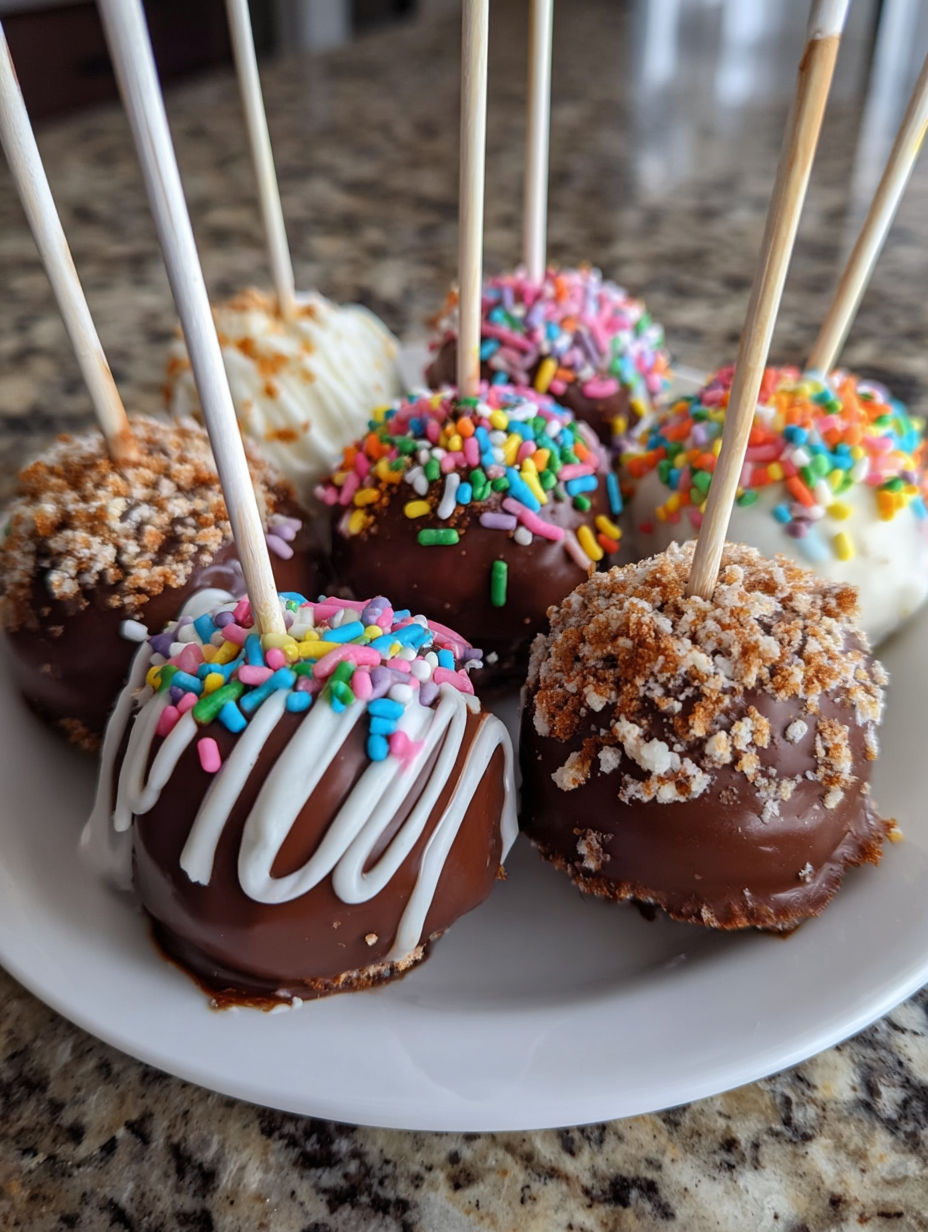 A plate of chocolate cake pops with sprinkles.