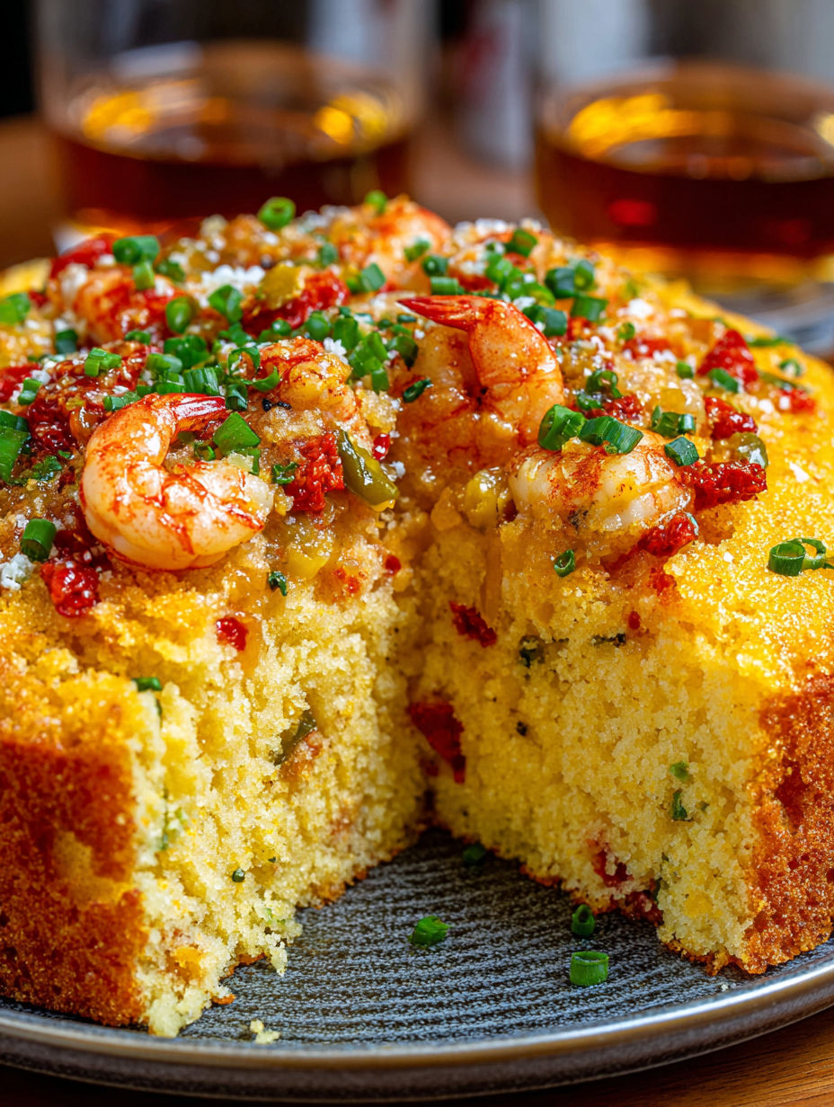 A slice of cake with shrimp on top.