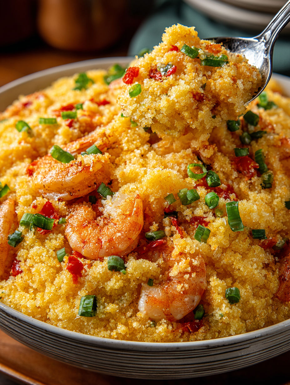 A bowl of rice with shrimp and peppers.