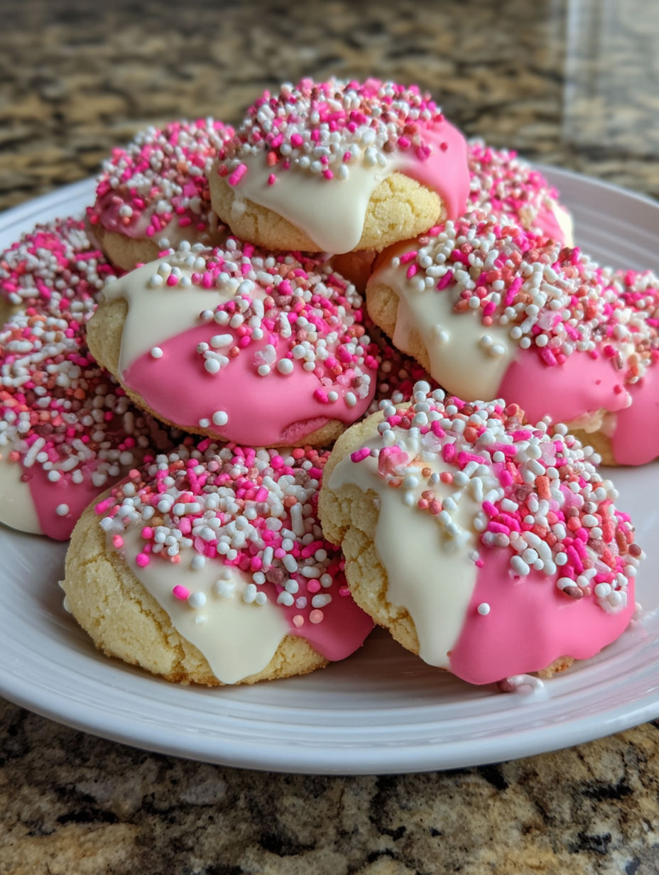 A plate of cookies with pink and white frosting.