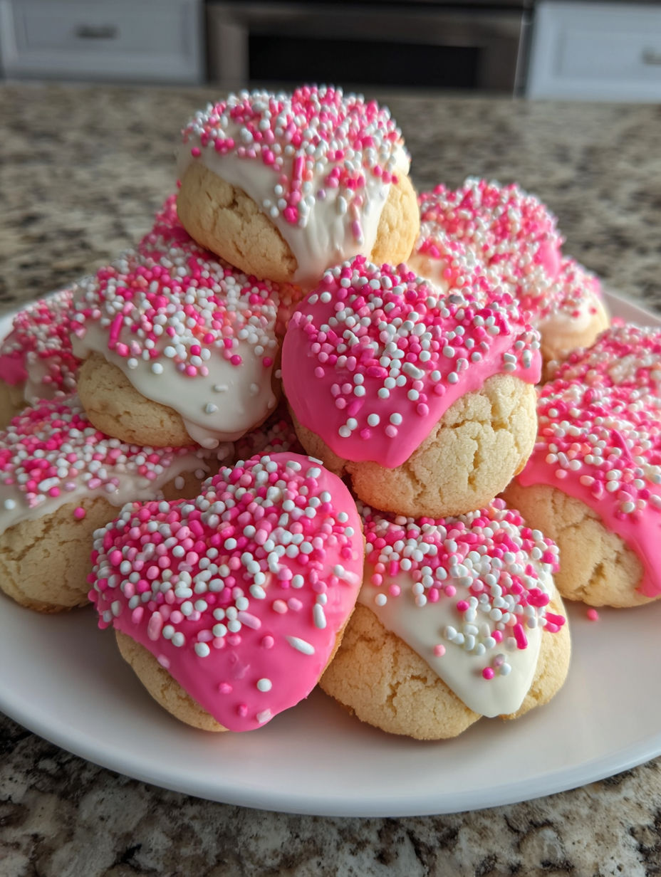 A stack of heart-shaped cookies with pink frosting and sprinkles.
