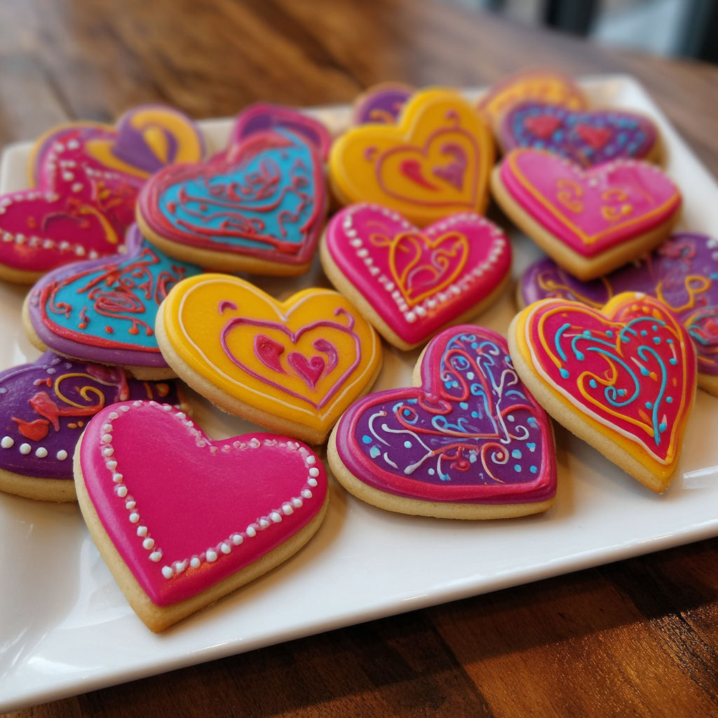A plate of heart shaped cookies with royal icing.