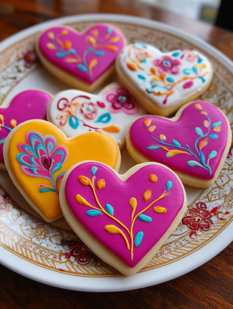 A plate of heart shaped cookies with colorful designs.