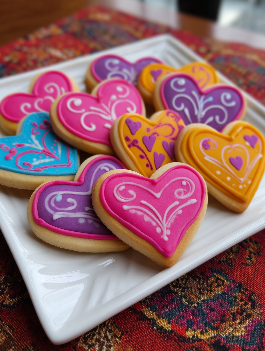 A plate of heart shaped cookies.