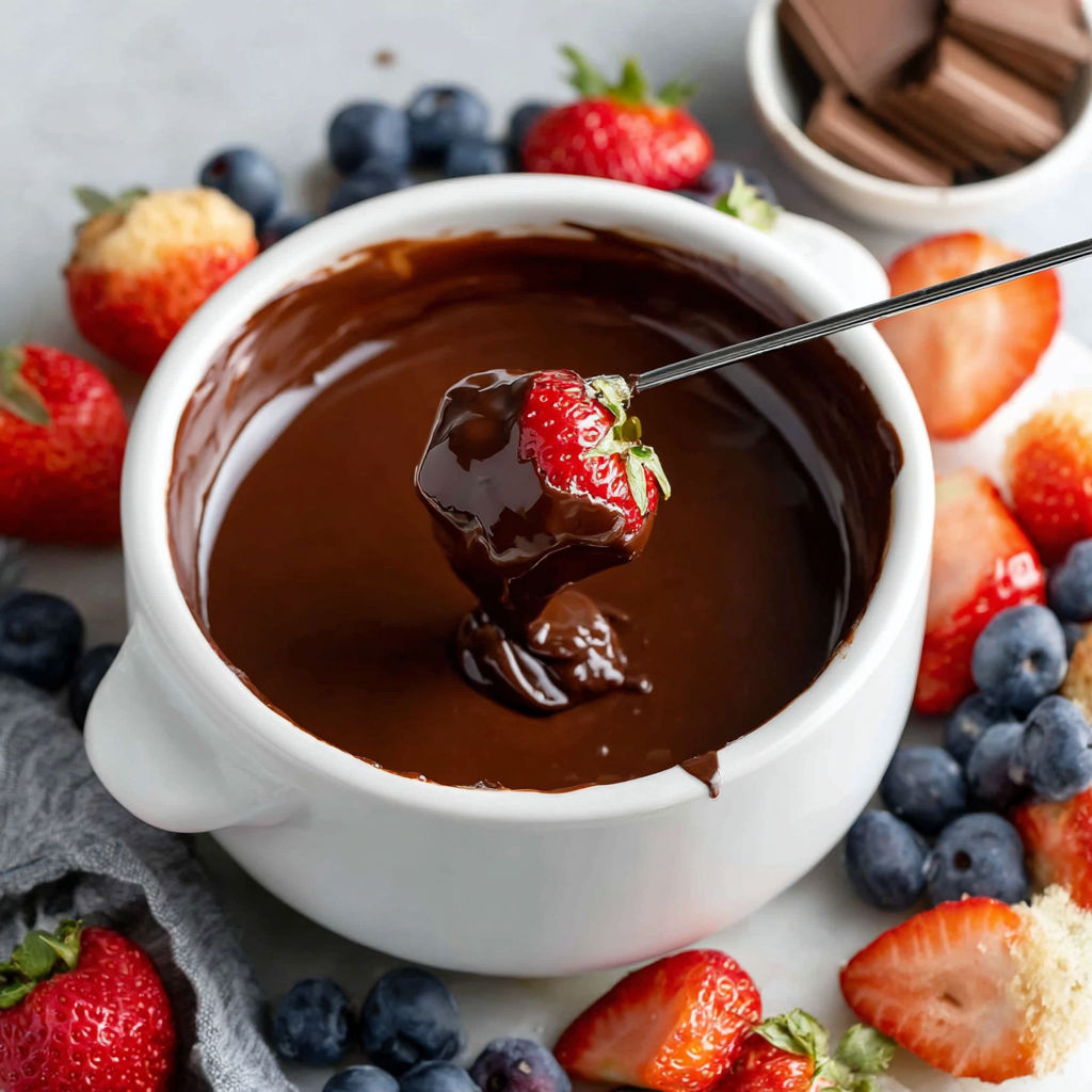 A bowl of chocolate fondue with a spoon in it.