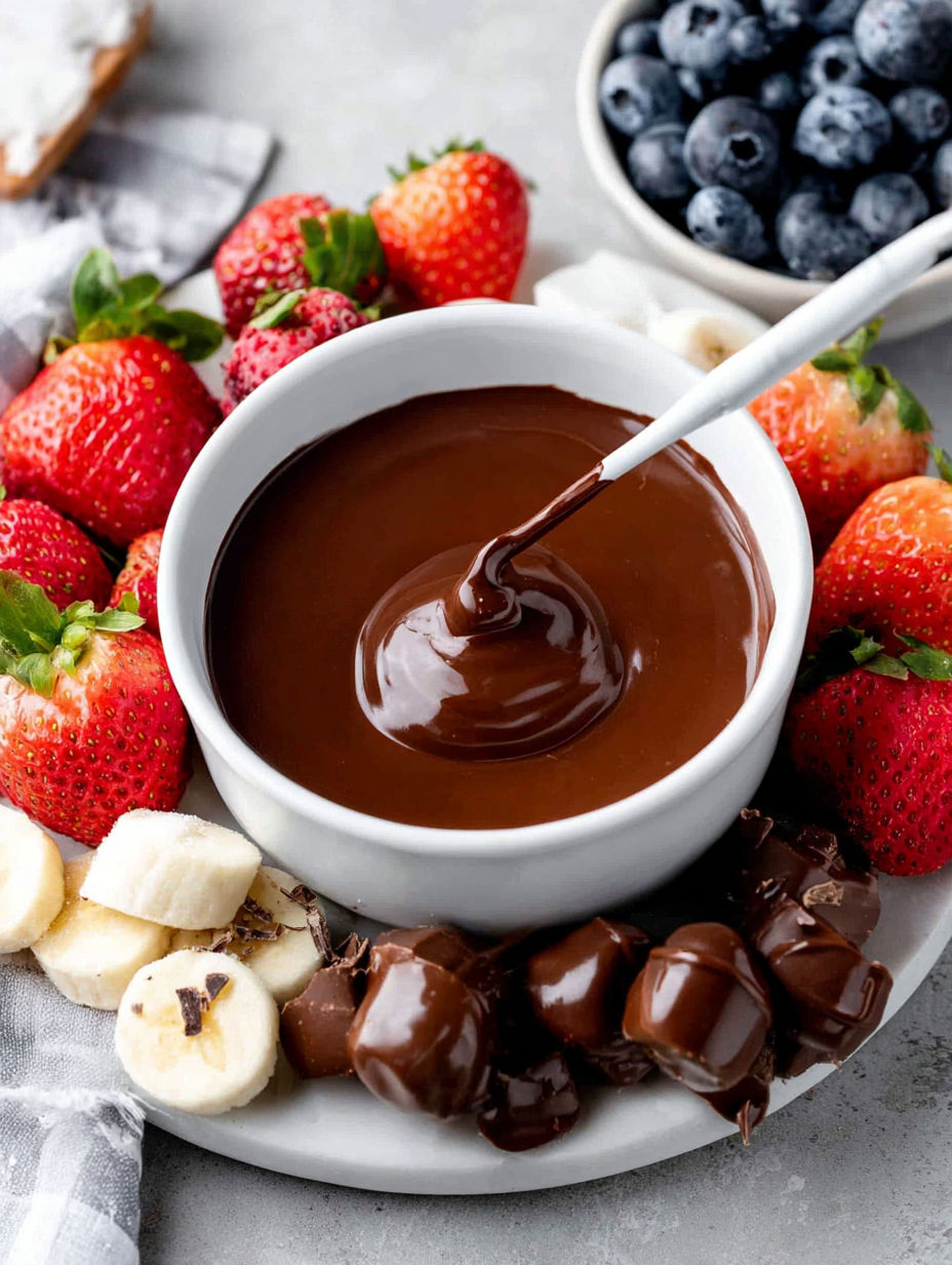 A bowl of chocolate fondue with a spoon in it.