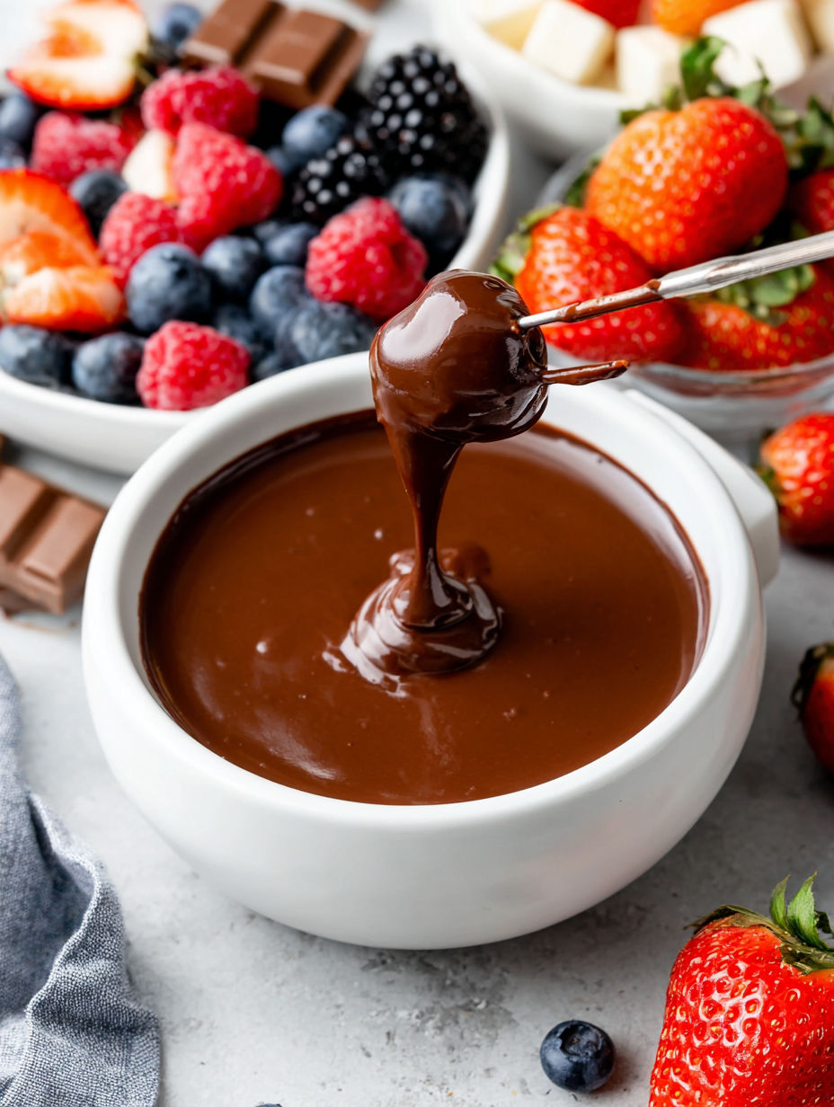 A bowl of chocolate fondue with a spoon in it.