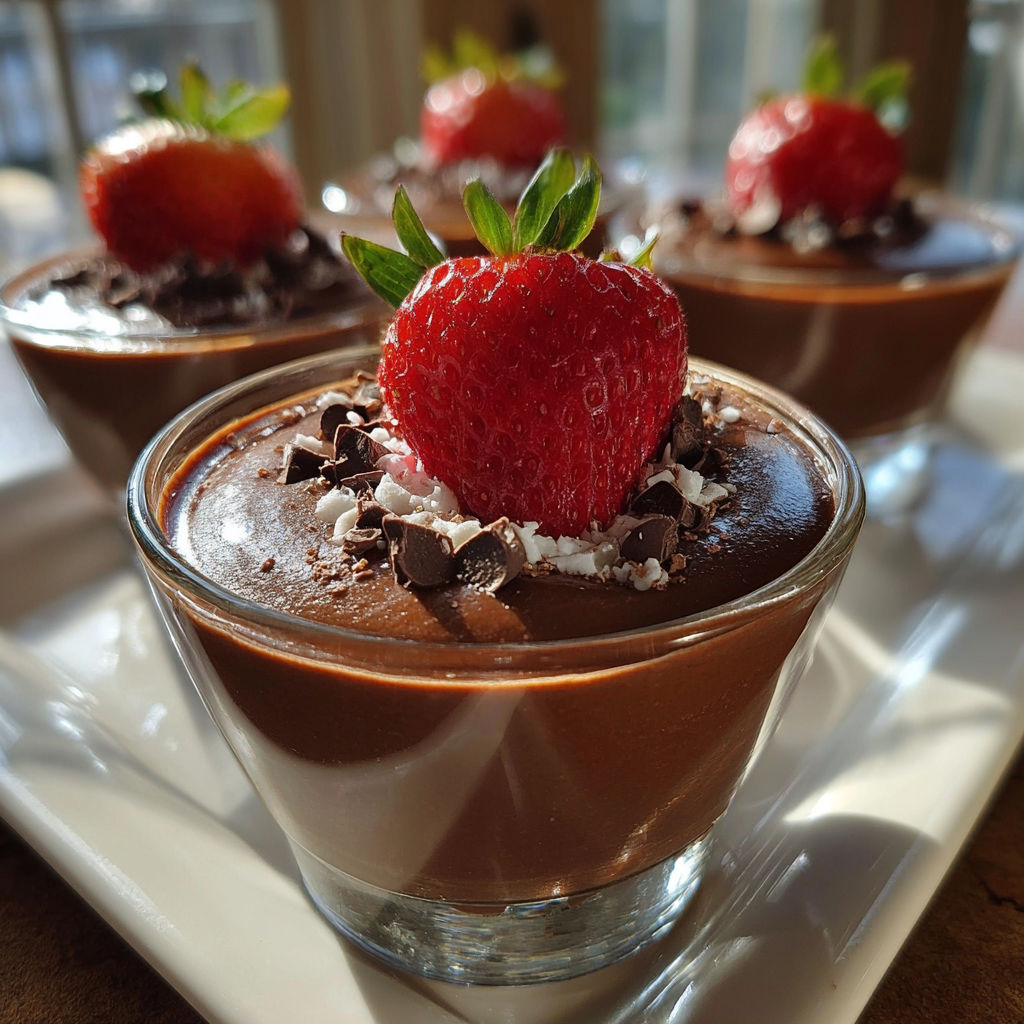 A chocolate dessert with strawberries on top.