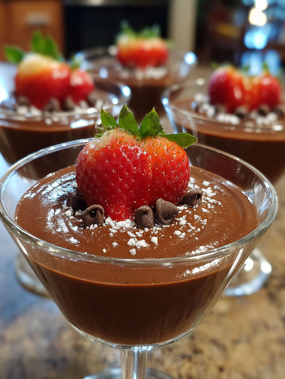 A chocolate dessert with a strawberry on top.