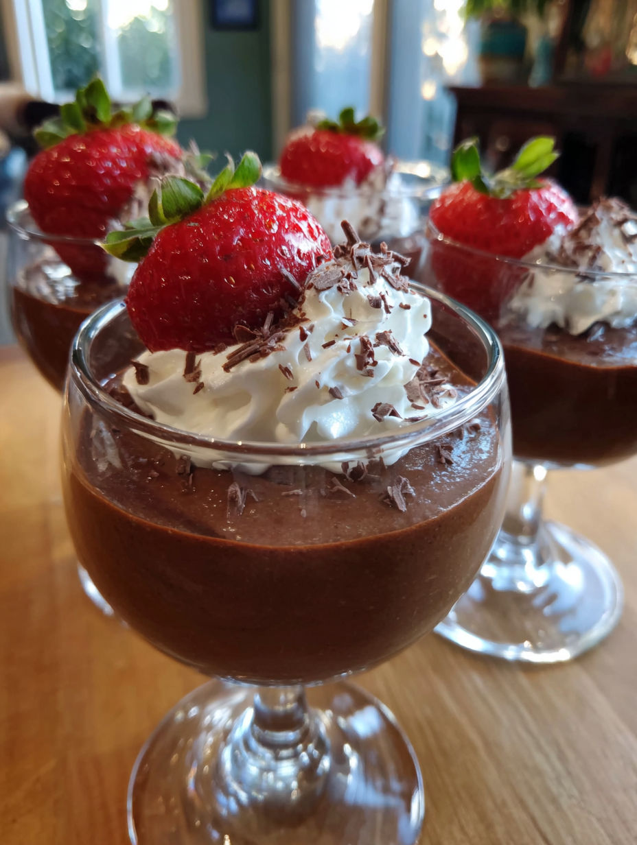 Chocolate desserts with strawberries and whipped cream.