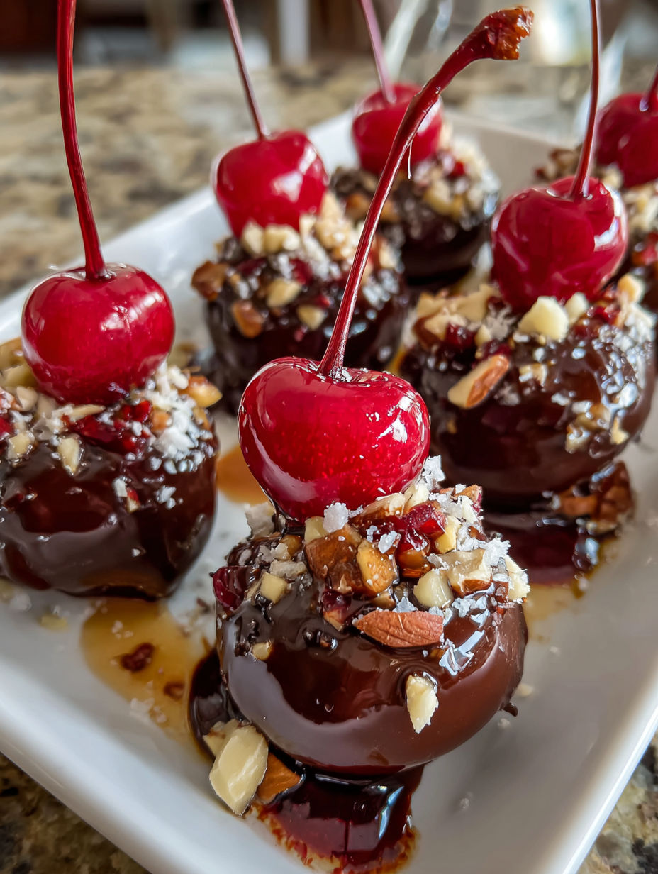 A plate of chocolate covered cherries.