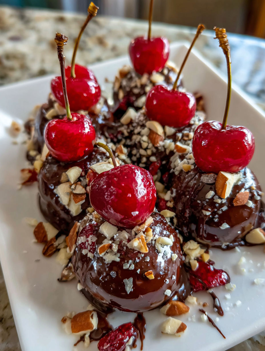 A plate of chocolate covered cherries.