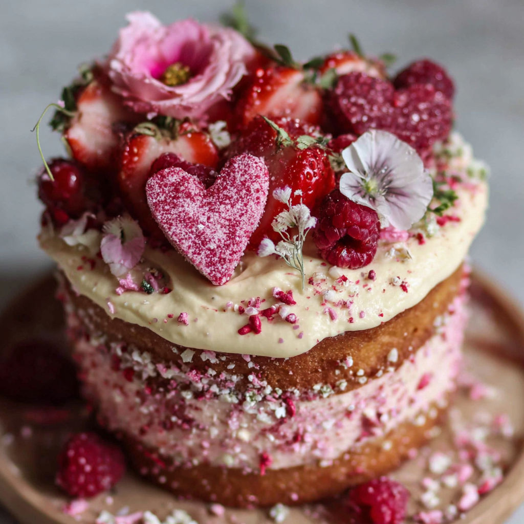 A cake decorated with hearts and strawberries.