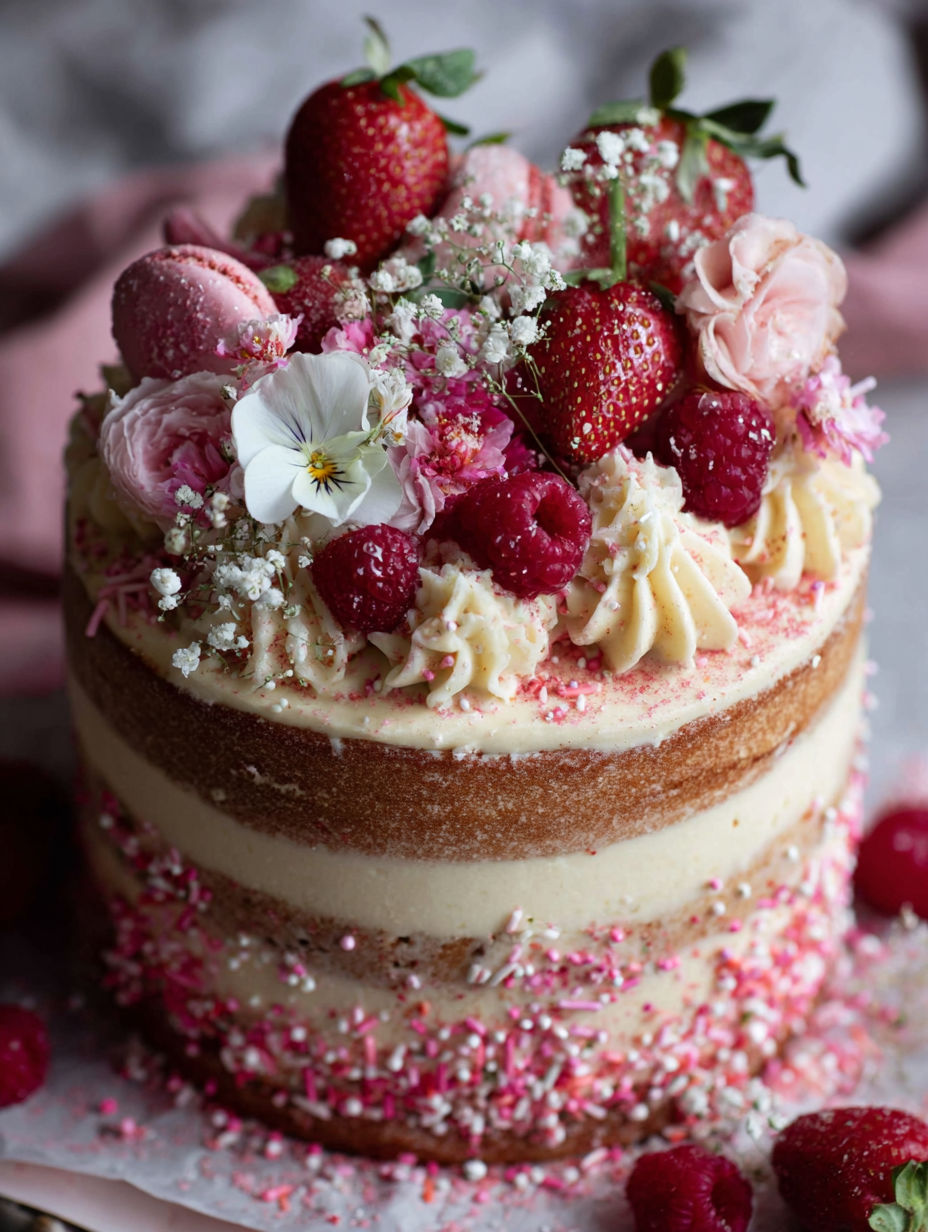 A cake decorated with strawberries and flowers.