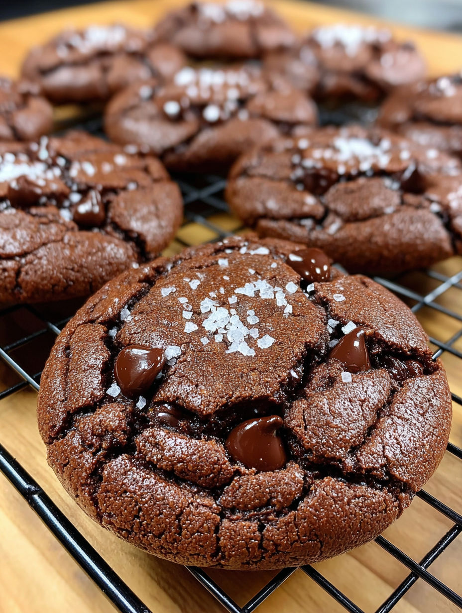A chocolate cookie with chocolate chips and salt on top.