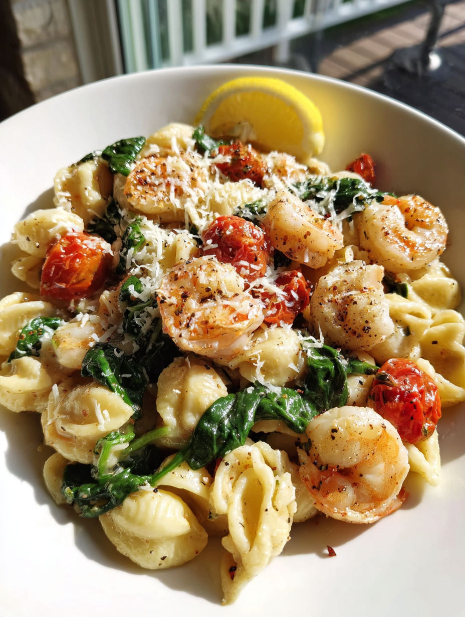 A plate of shrimp and spinach with a lemon wedge on top.