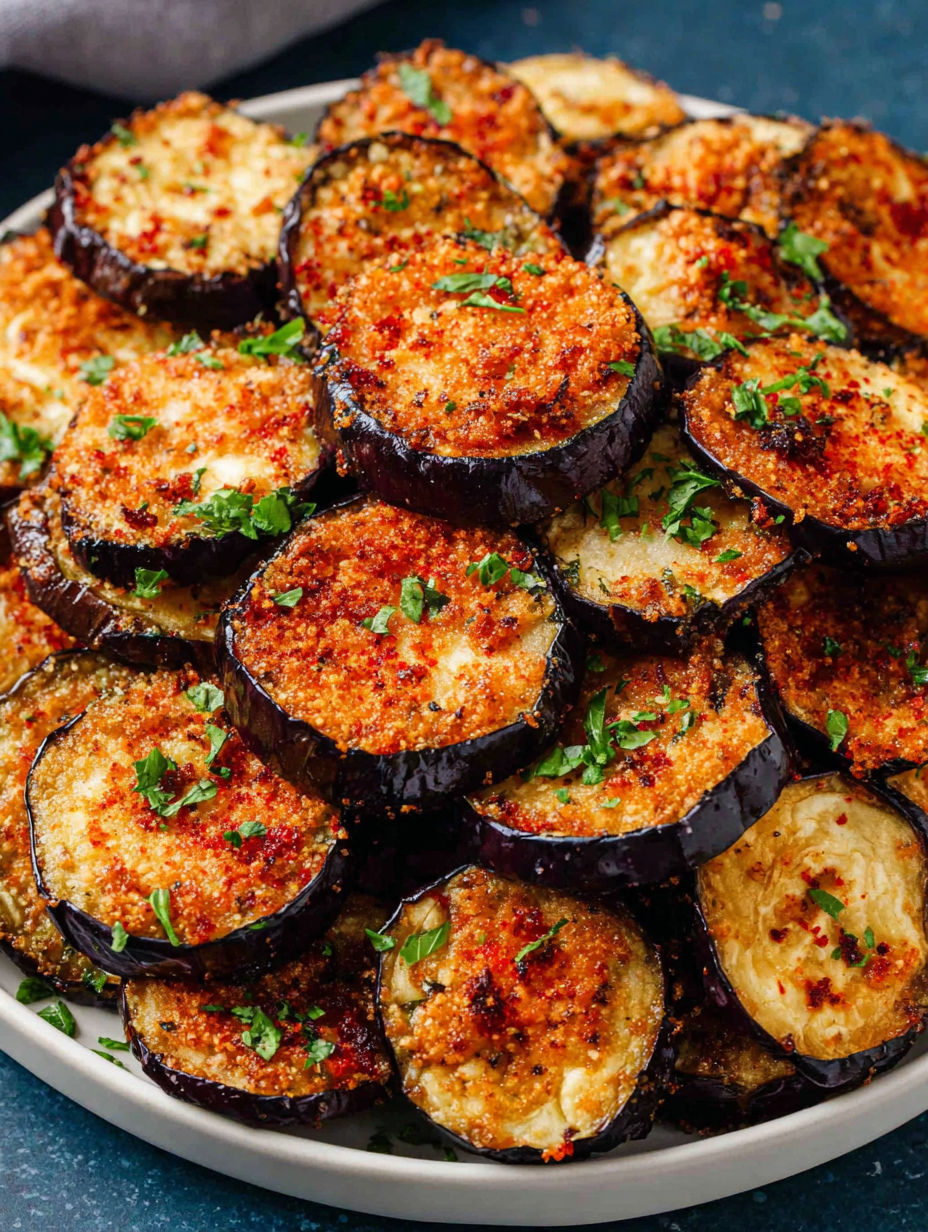 A plate of crispy air fryer eggplant.