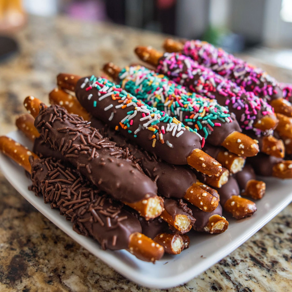Chocolate dipped pretzels on a plate.