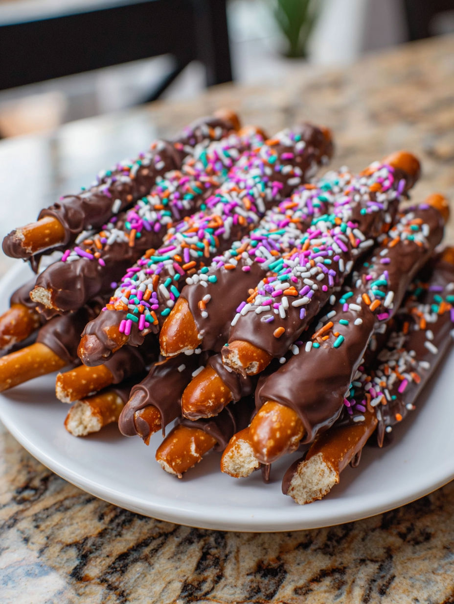 Chocolate dipped pretzels on a plate.