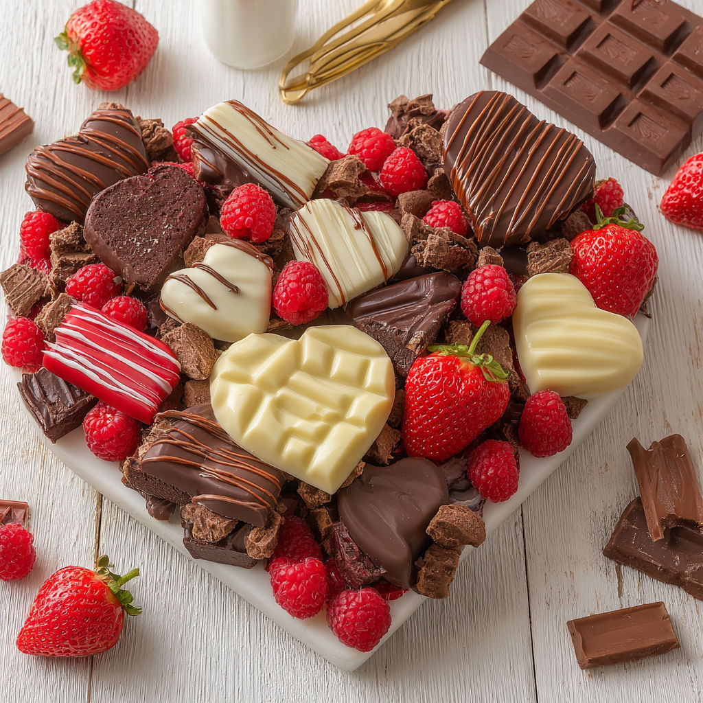 A heart shaped chocolate board with various chocolates and strawberries.