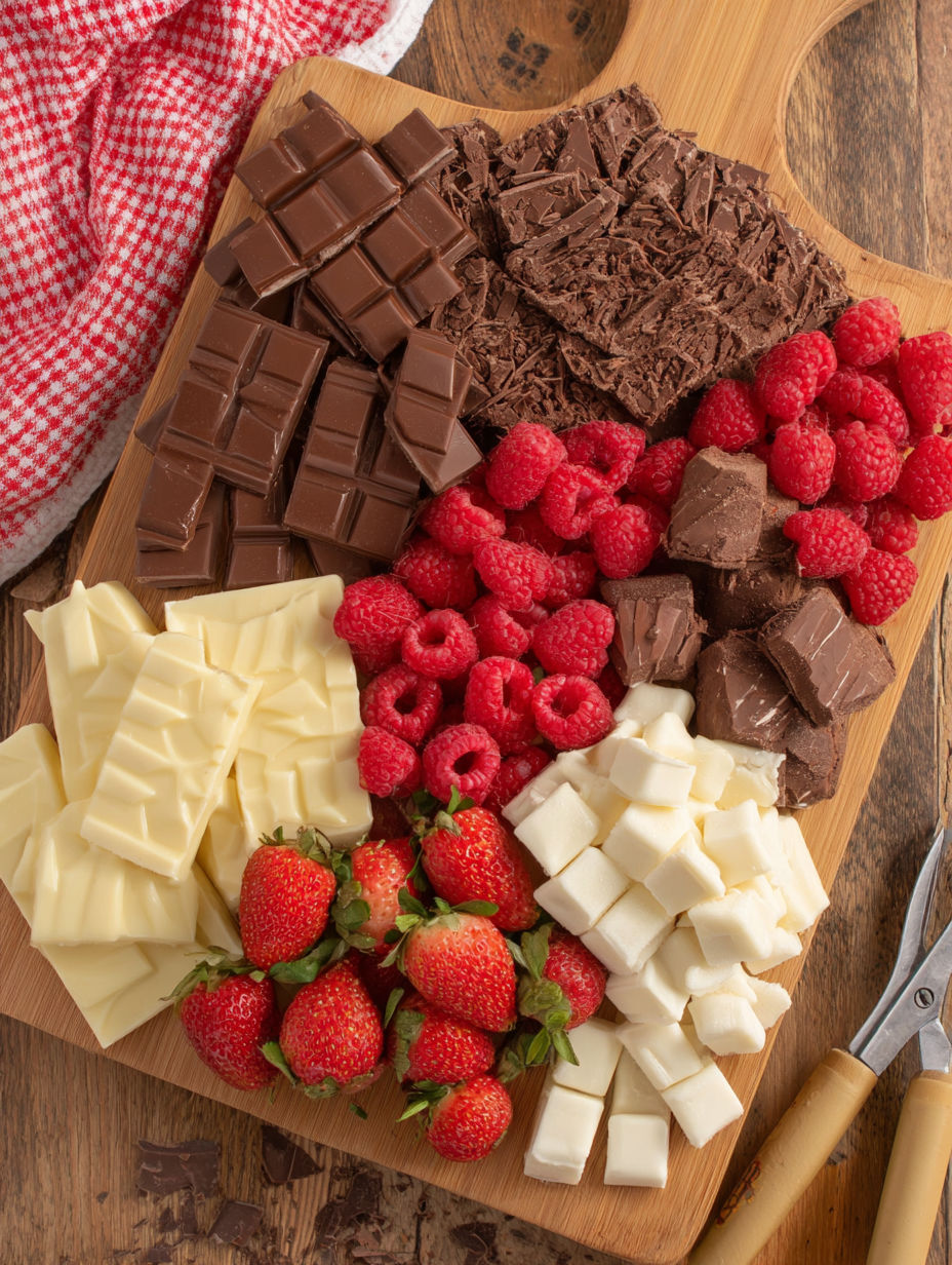 A wooden cutting board with a variety of chocolate and fruit.
