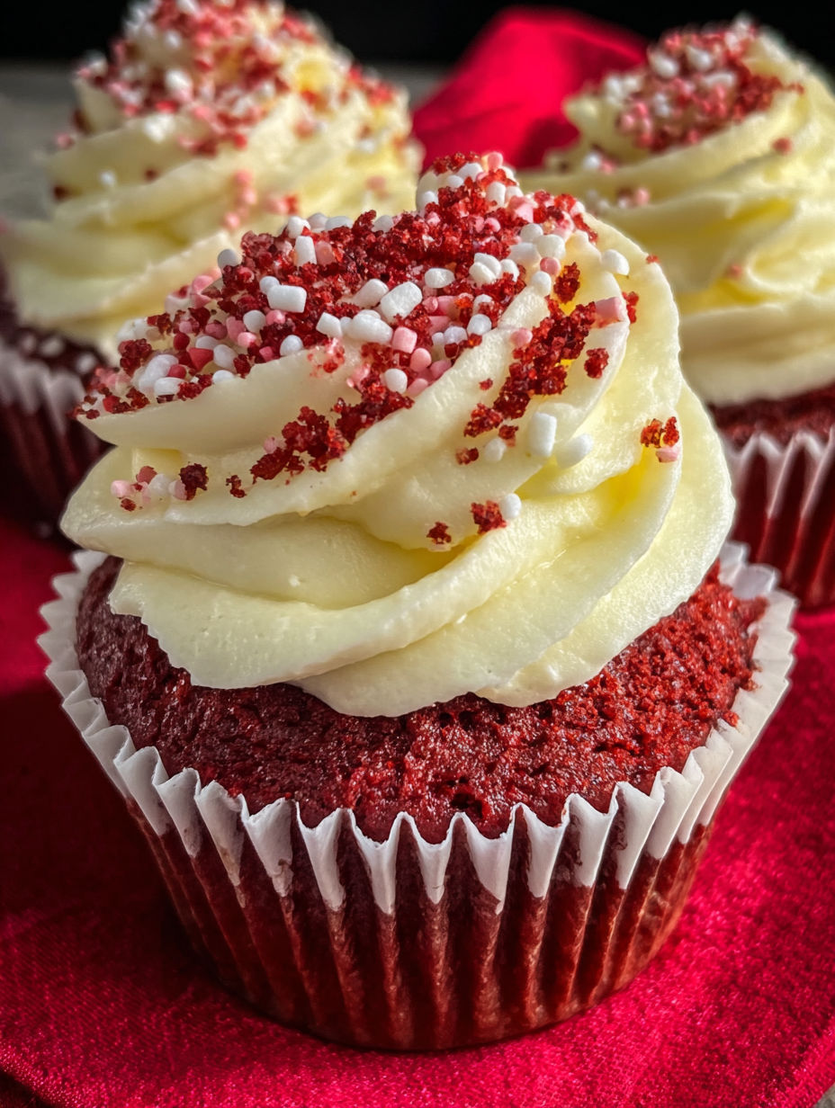 Red velvet cupcake with white frosting and red sprinkles.