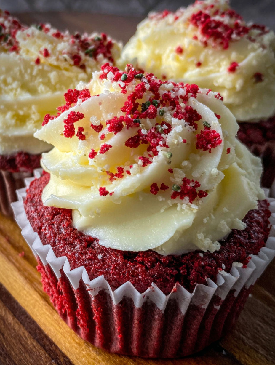 Red velvet cupcake with white frosting and red sprinkles.
