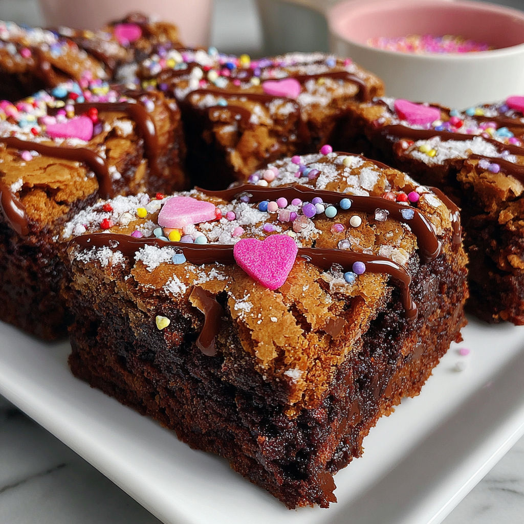 A plate of brownies with chocolate and sprinkles.