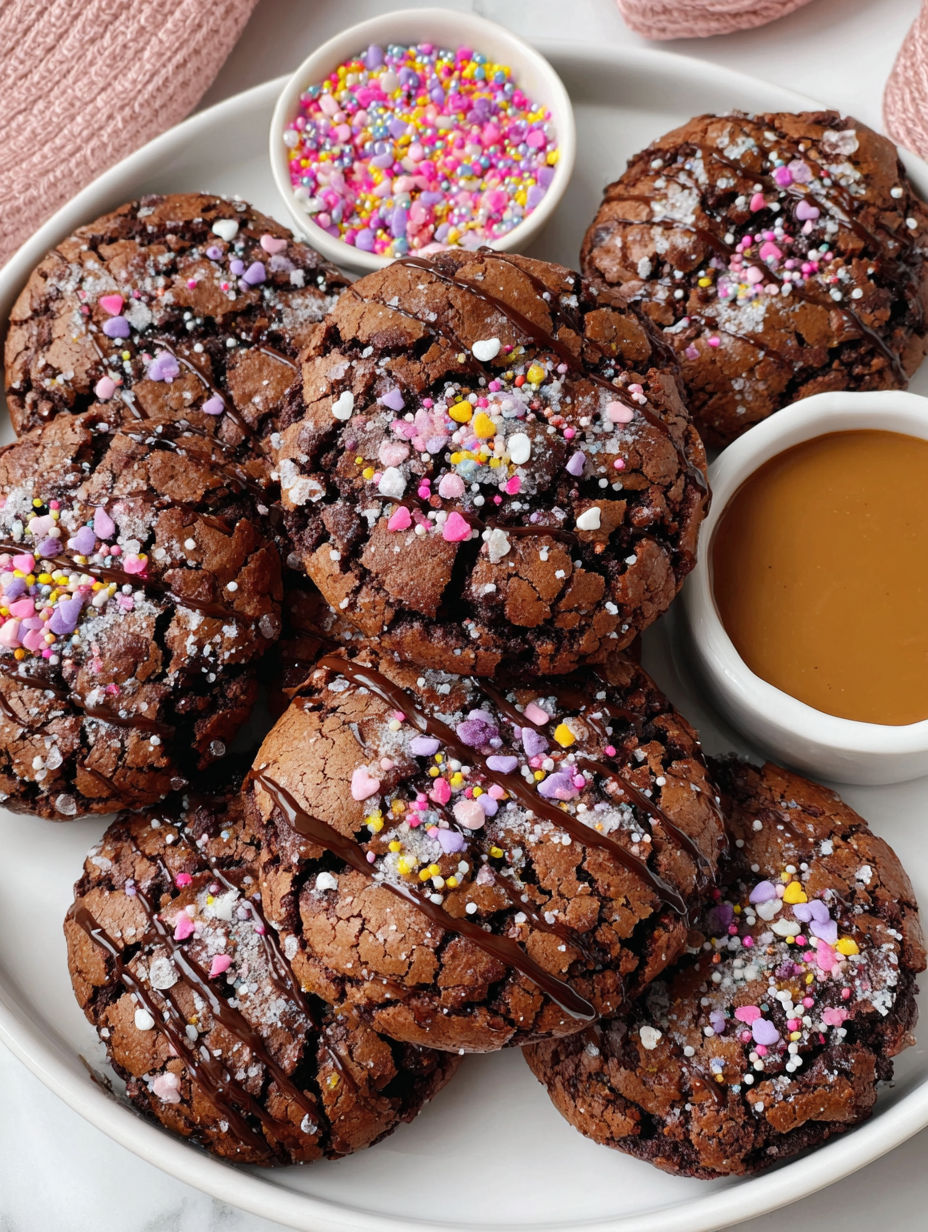 Chocolate chip cookies with chocolate drizzle and sprinkles.
