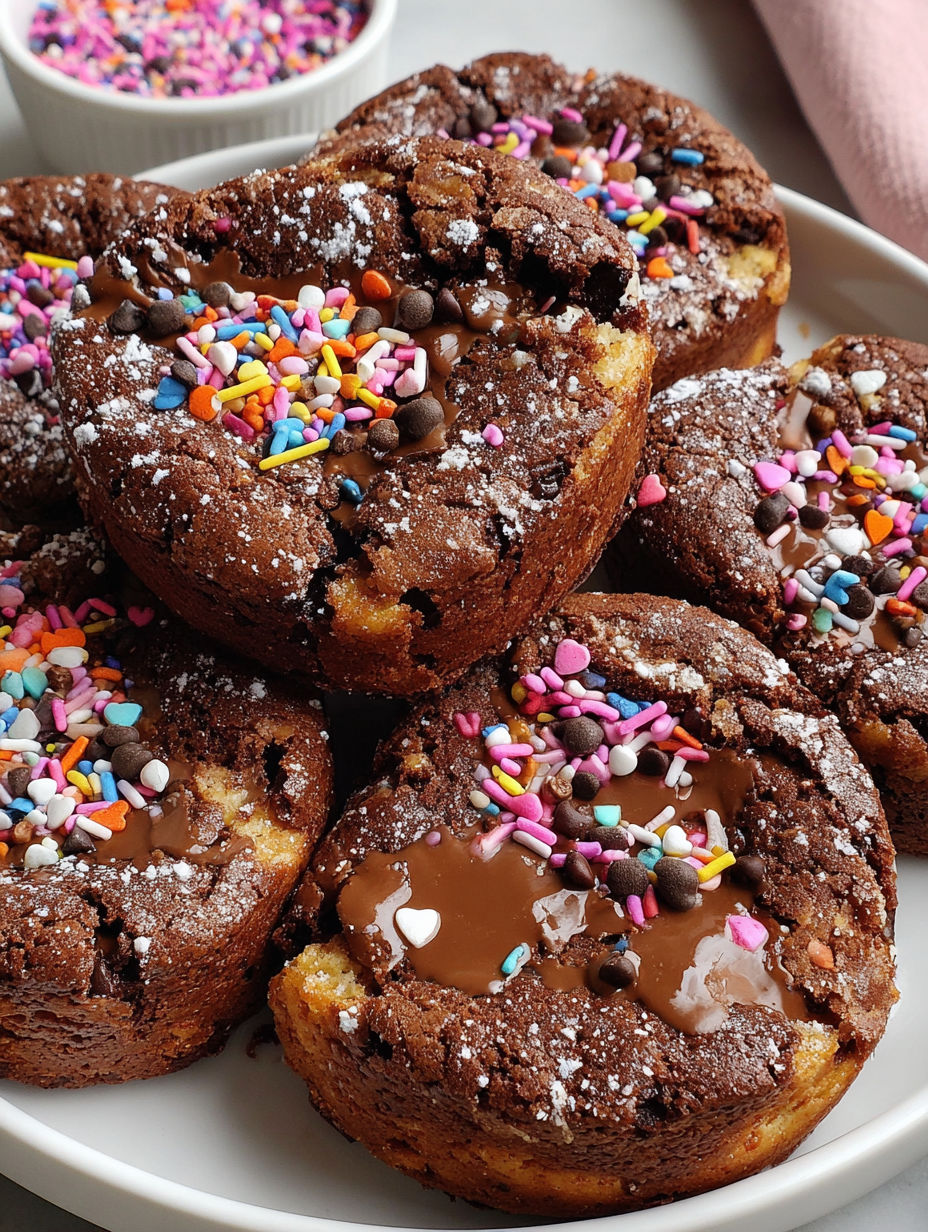 Chocolate chip cookies with chocolate drizzle and sprinkles.