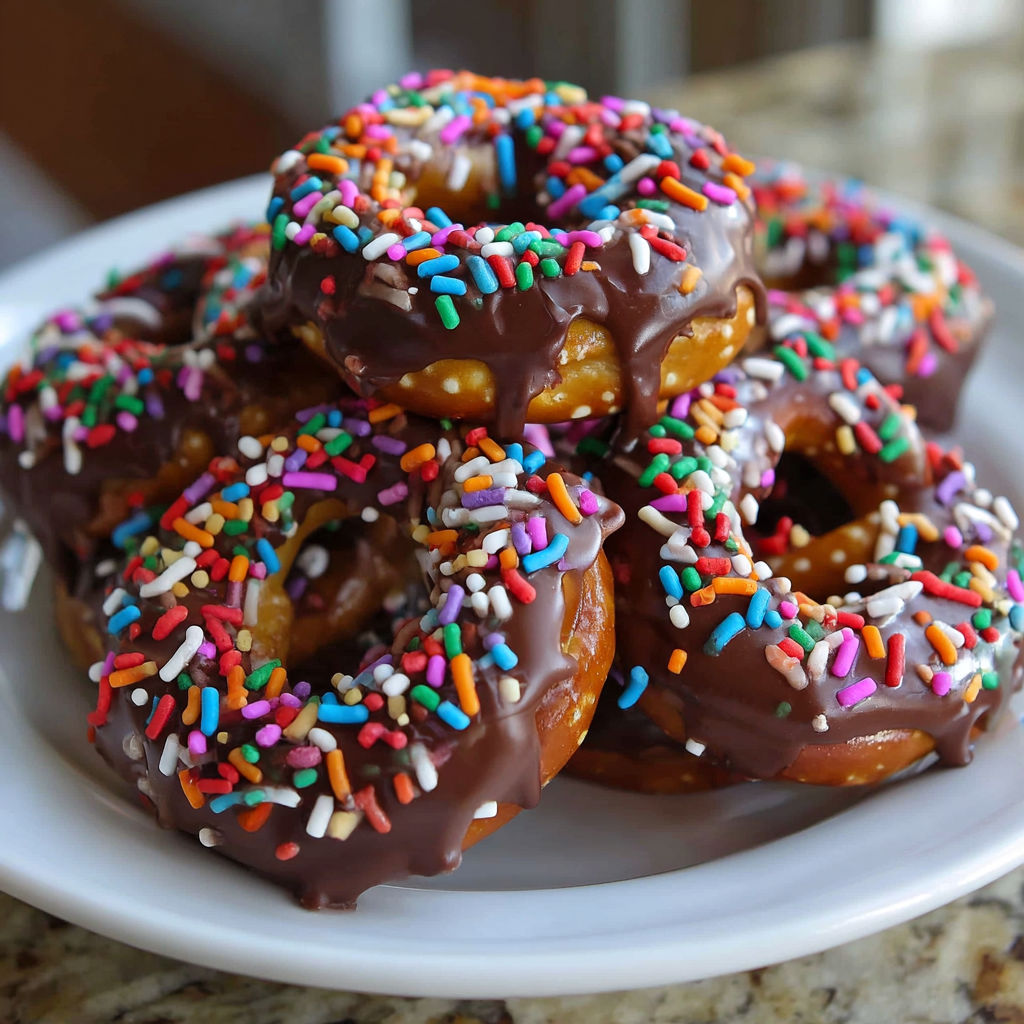 Chocolate covered pretzels on a plate.