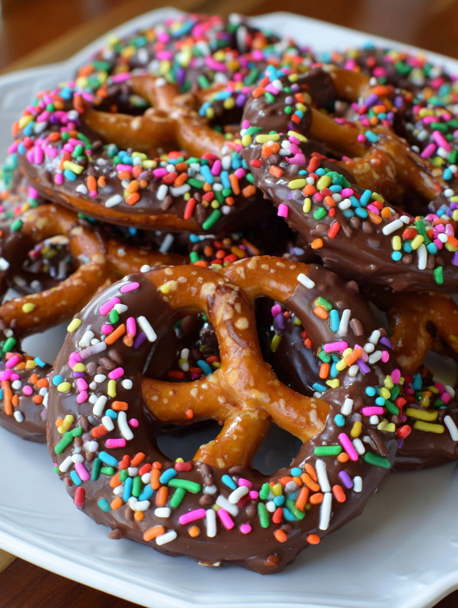 Chocolate covered pretzels on a plate.