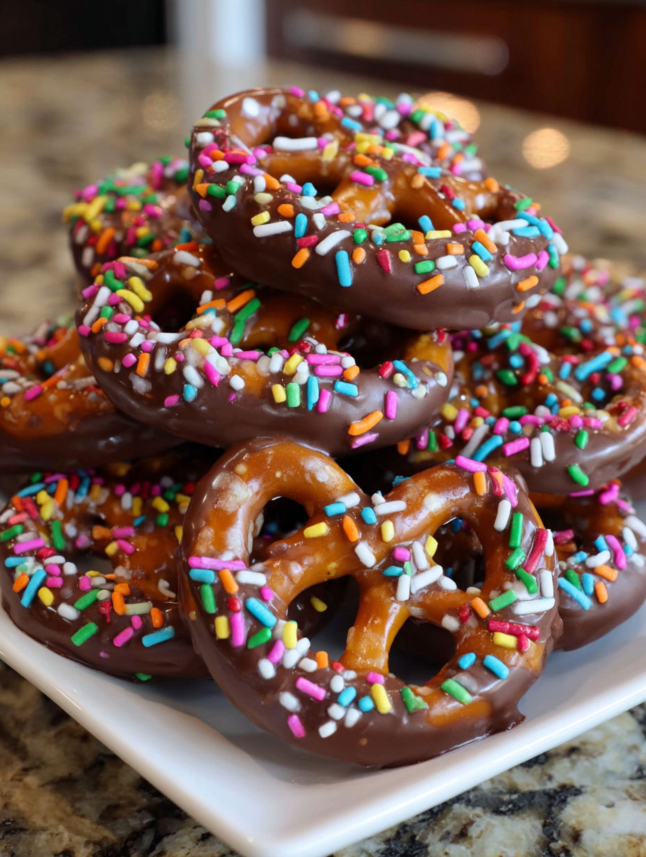 Chocolate covered pretzels stacked on a plate.