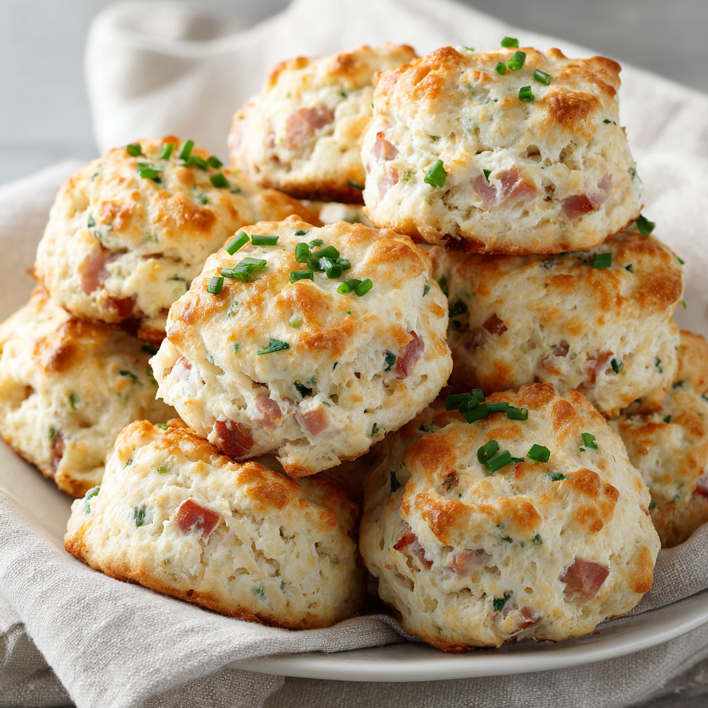 A plate of protein-packed ham and cheese biscuits.