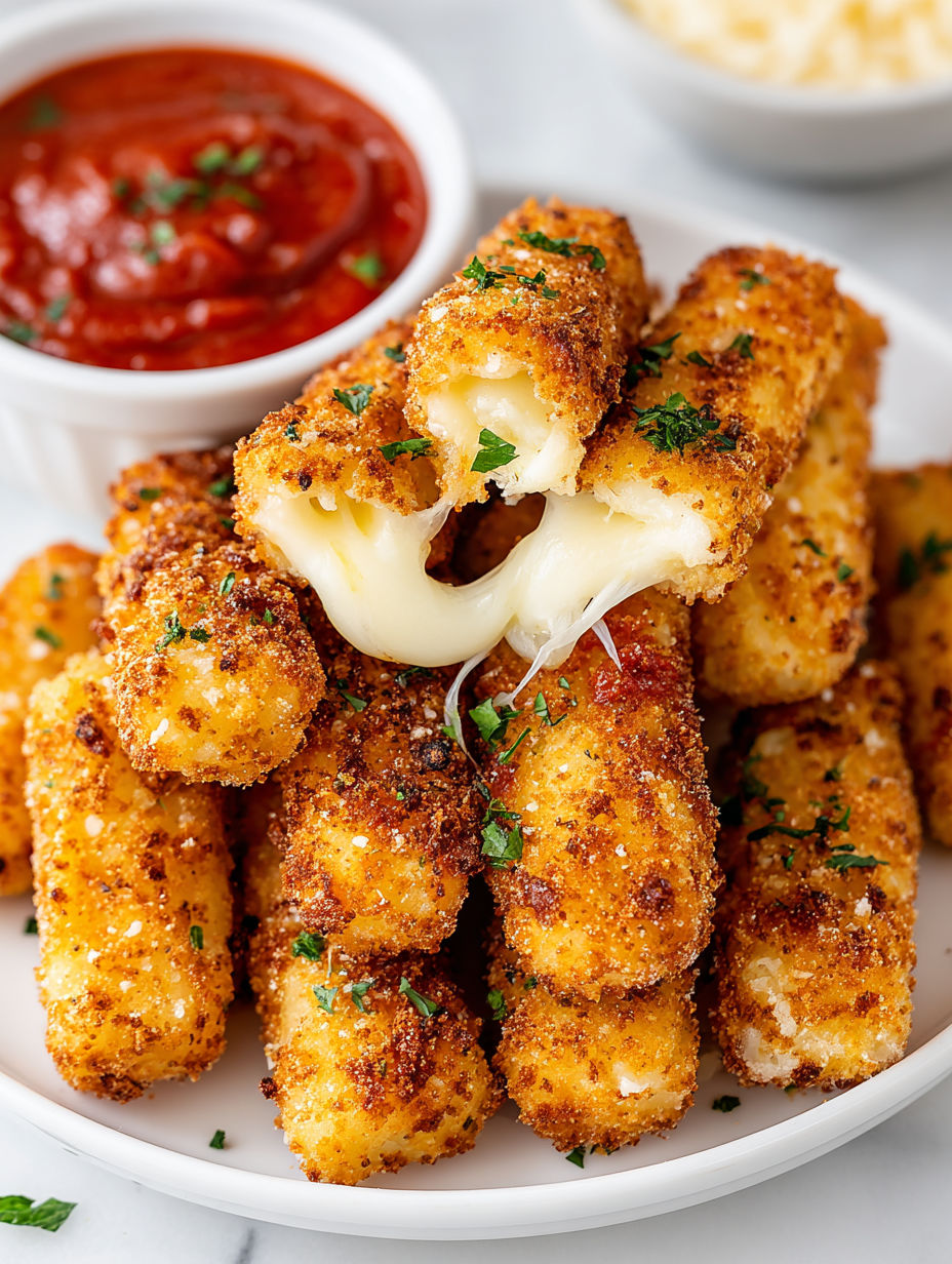 Mozzarella sticks in a bowl with a side of marinara sauce.