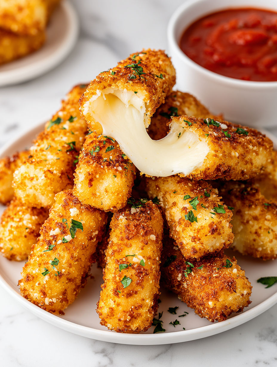 Mozzarella sticks in a bowl.