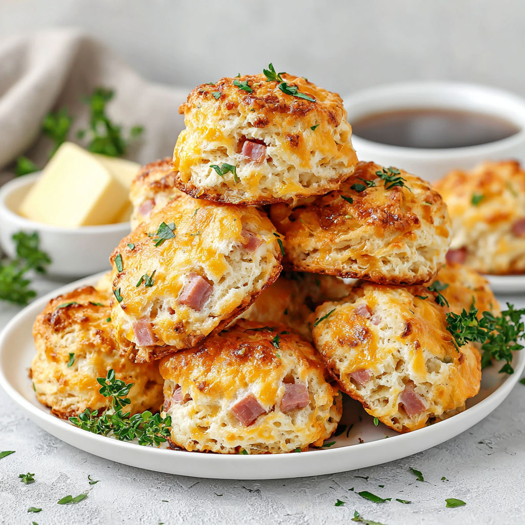 A stack of ham and cheese biscuits.