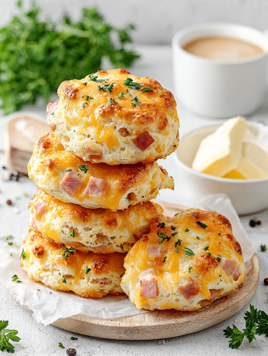 Three stacks of ham and cheese biscuits.