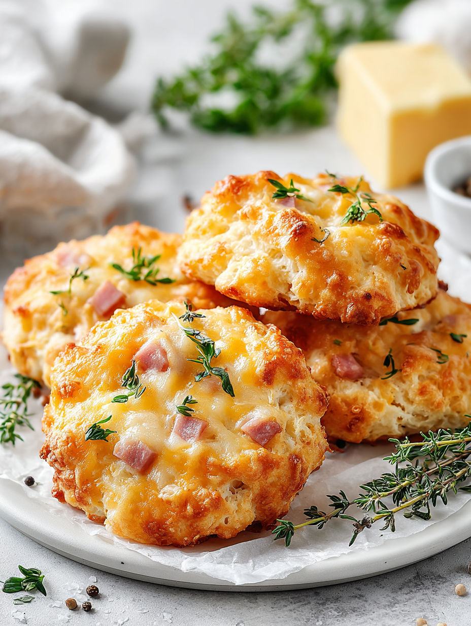 A plate of biscuits with cheese and ham on top.